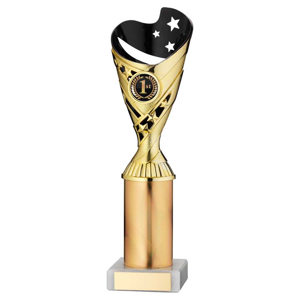 GOLD/BLACK PLASTIC 'SABRE' CUP ASSEMBLED ON MARBLE (1in CEN) - 10in - Optimum Teamwear