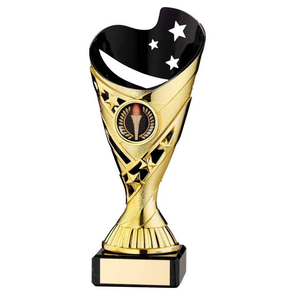 GOLD/BLK PLASTIC 'SABRE' CUP ON BLK MARBLE ASSEMBLED TROPHY (1" CEN) - 6.75in - Optimum Teamwear