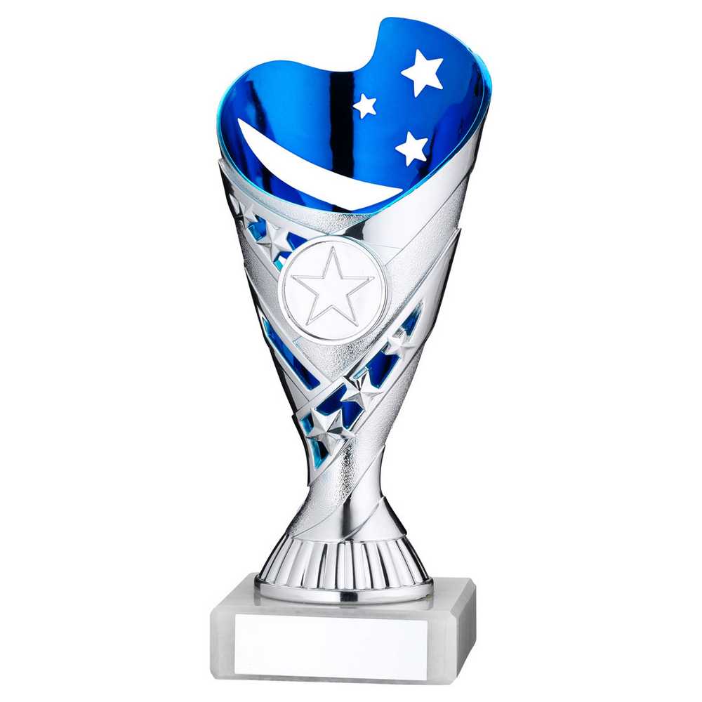 SILVER/BLUE PLASTIC 'SABRE' CUP ASSEMBLED ON MARBLE (1in CEN) - 7in - Optimum Teamwear
