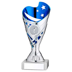 SILVER/BLUE PLASTIC 'SABRE' CUP ASSEMBLED ON MARBLE (1in CEN) - 7in