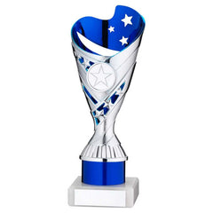 SILVER/BLUE PLASTIC 'SABRE' CUP ASSEMBLED ON MARBLE (1in CEN) - 8in
