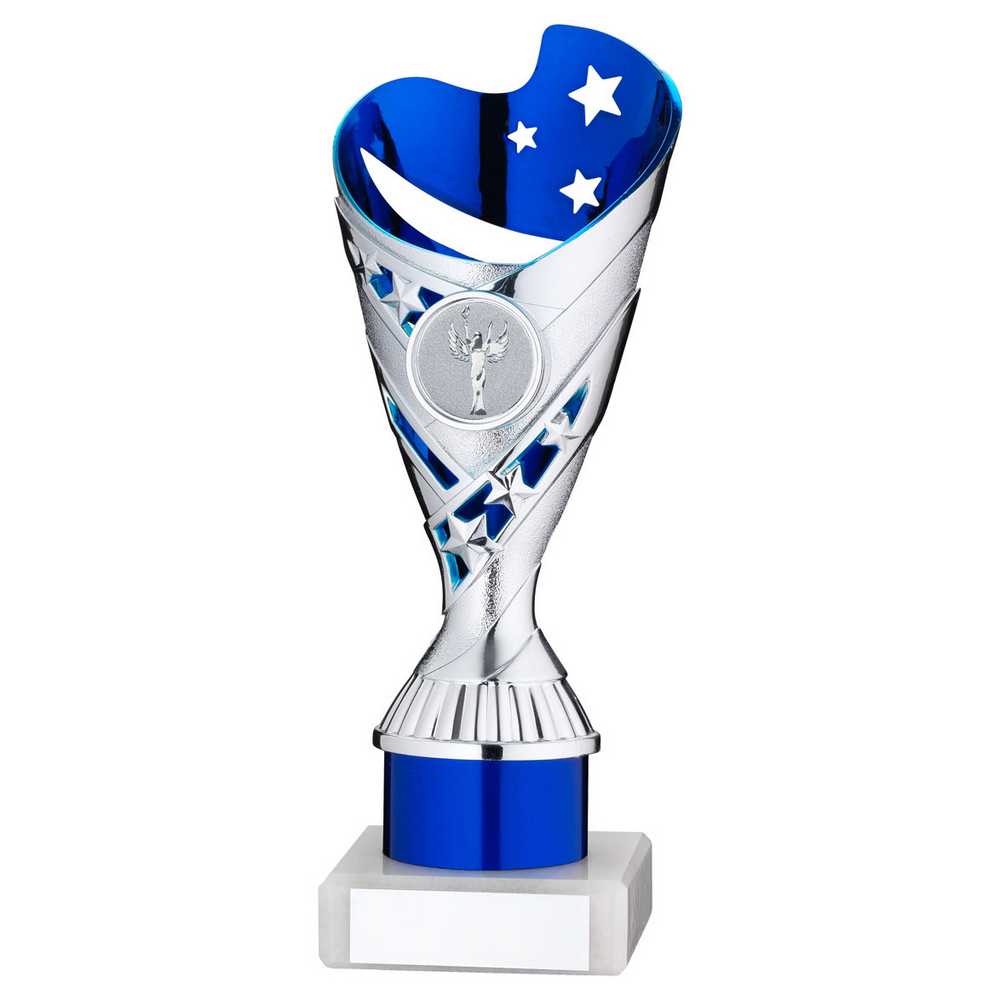 SILVER/BLUE PLASTIC 'SABRE' CUP ASSEMBLED ON MARBLE (1in CEN) - 8in - Optimum Teamwear