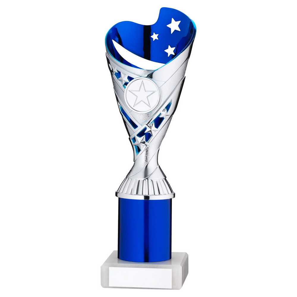 SILVER/BLUE PLASTIC 'SABRE' CUP ASSEMBLED ON MARBLE (1in CEN) - 9in - Optimum Teamwear