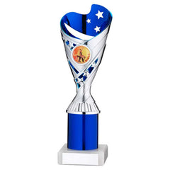 SILVER/BLUE PLASTIC 'SABRE' CUP ASSEMBLED ON MARBLE (1in CEN) - 9in