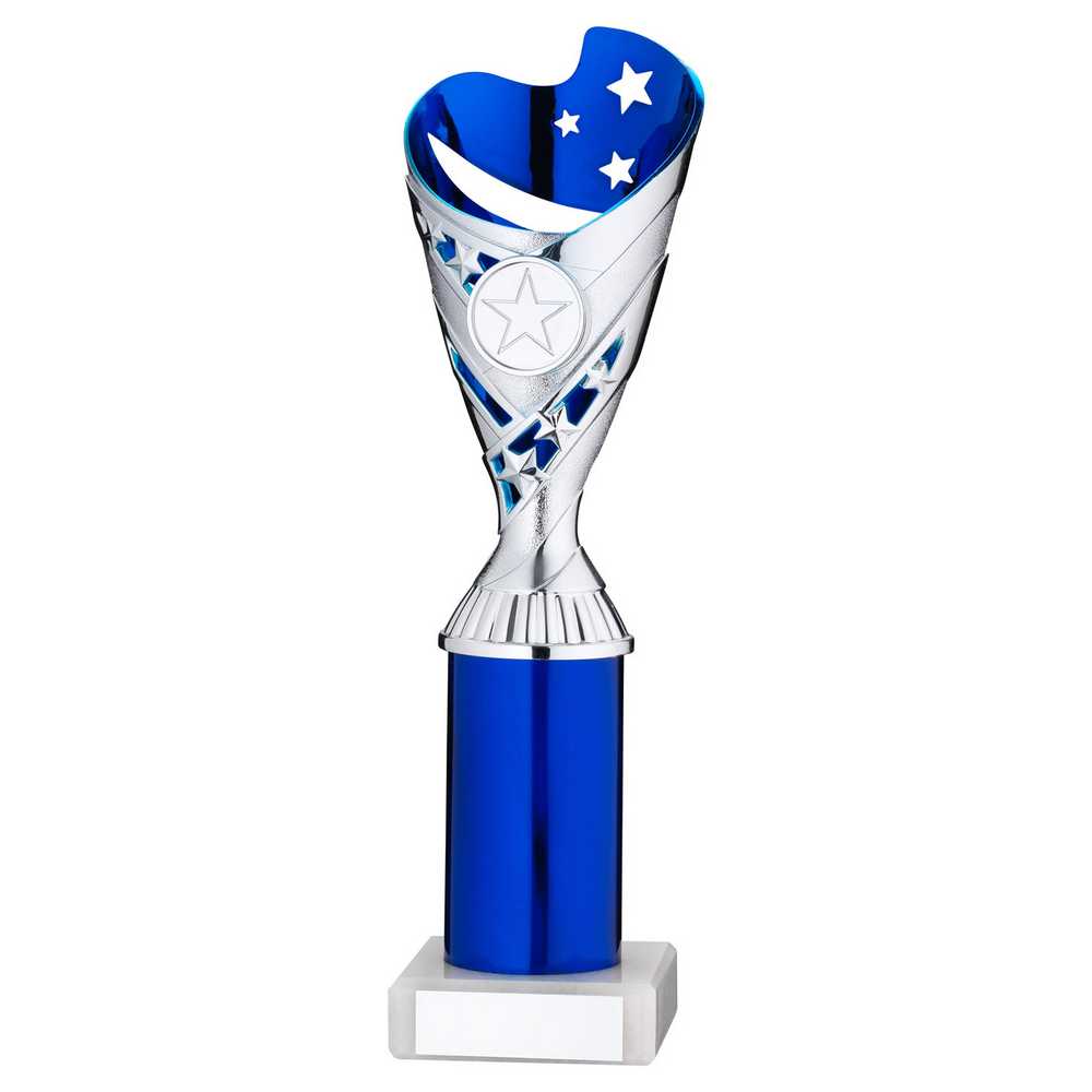 SILVER/BLUE PLASTIC 'SABRE' CUP ASSEMBLED ON MARBLE (1in CEN) - 10in - Optimum Teamwear