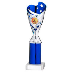 SILVER/BLUE PLASTIC 'SABRE' CUP ASSEMBLED ON MARBLE (1in CEN) - 10in