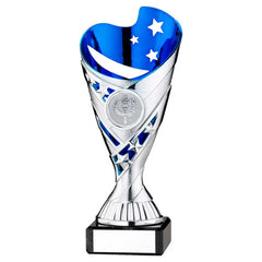 SILVER/BLUE PLASTIC 'SABRE' CUP ON BLK MARBLE ASSEMBLED TROPHY (1" CEN) - 6.75in