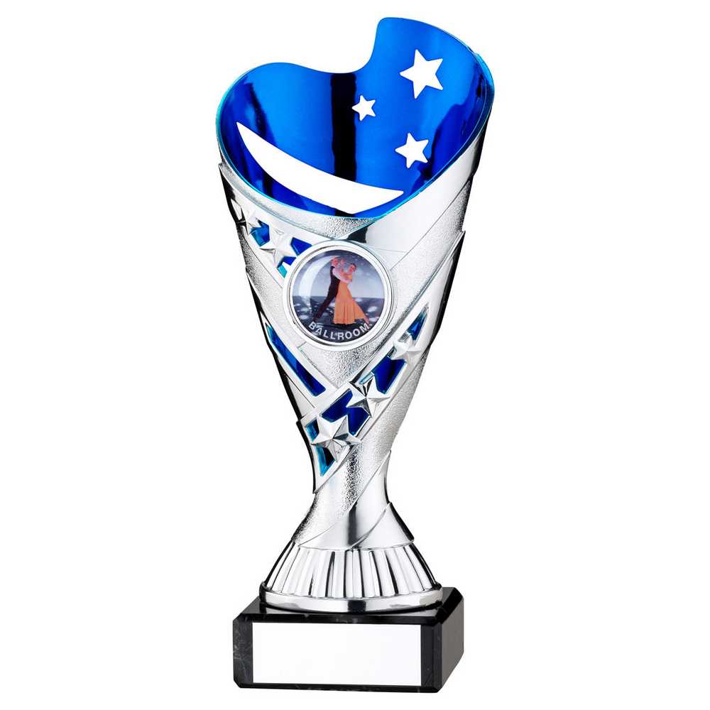 SILVER/BLUE PLASTIC 'SABRE' CUP ON BLK MARBLE ASSEMBLED TROPHY (1" CEN) - 6.75in - Optimum Teamwear