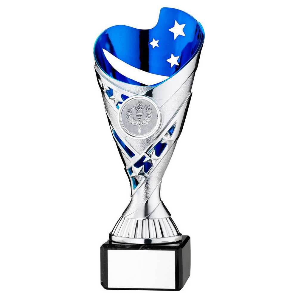 SILVER/BLUE PLASTIC 'SABRE' CUP ON BLK MARBLE ASSEMBLED TROPHY (1" CEN) - 7.25in - Optimum Teamwear