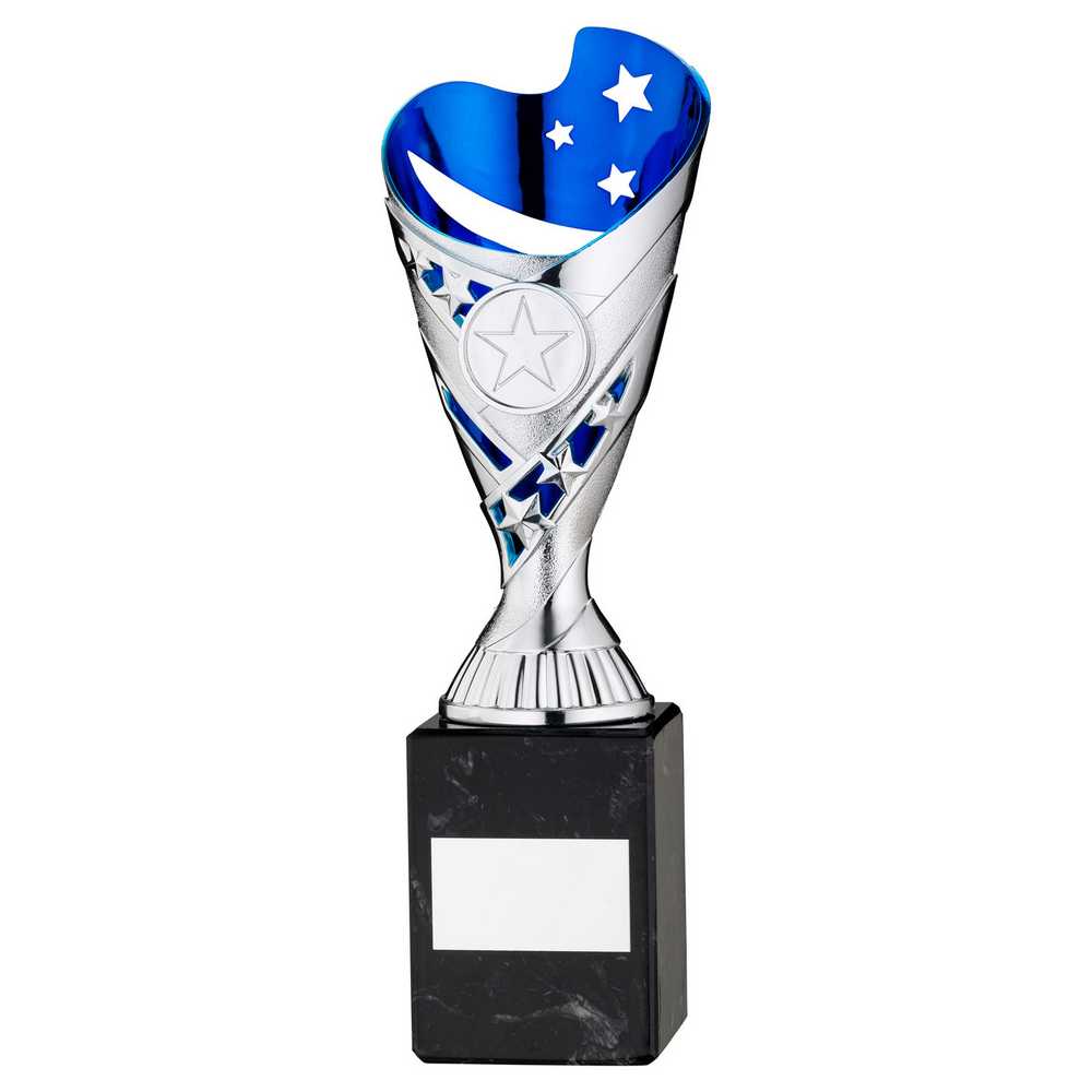 SILVER/BLUE PLASTIC 'SABRE' CUP ON BLK MARBLE ASSEMBLED TROPHY (1" CEN) - 9in - Optimum Teamwear