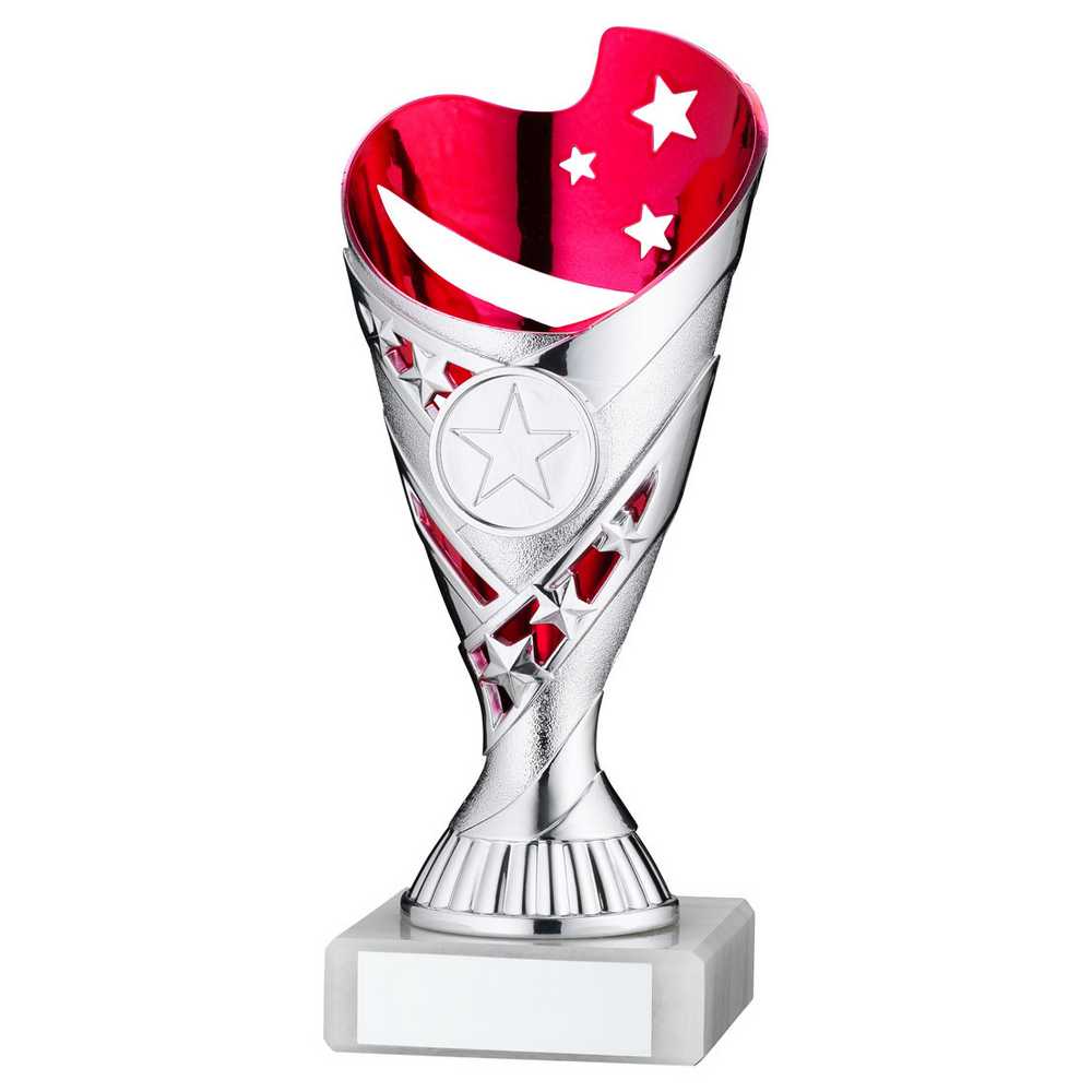 SILVER/PINK PLASTIC 'SABRE' CUP ASSEMBLED ON MARBLE (1in CEN) - 7in - Optimum Teamwear