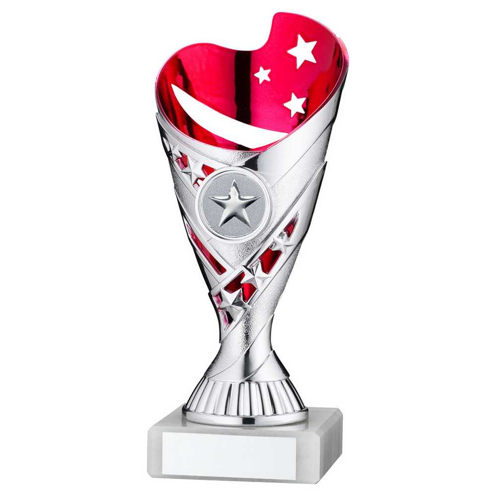 SILVER/PINK PLASTIC 'SABRE' CUP ASSEMBLED ON MARBLE (1in CEN) - 7in - Optimum Teamwear