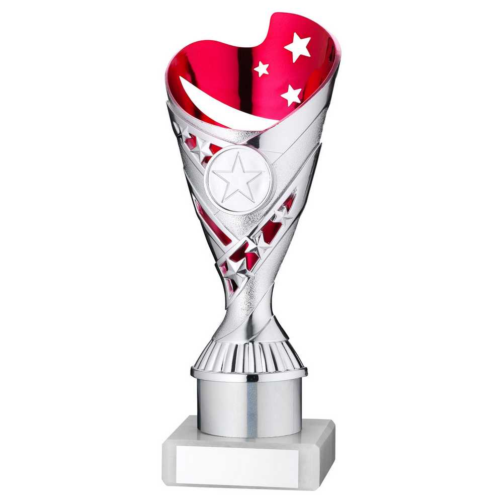 SILVER/PINK PLASTIC 'SABRE' CUP ASSEMBLED ON MARBLE (1in CEN) - 8in - Optimum Teamwear