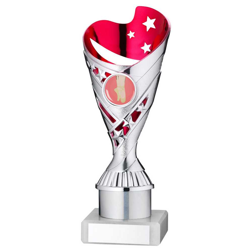 SILVER/PINK PLASTIC 'SABRE' CUP ASSEMBLED ON MARBLE (1in CEN) - 8in - Optimum Teamwear