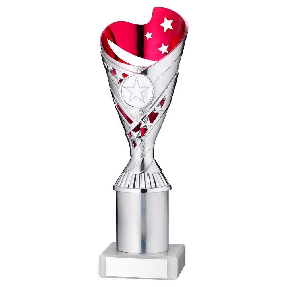 SILVER/PINK PLASTIC 'SABRE' CUP ASSEMBLED ON MARBLE (1in CEN) - 9in - Optimum Teamwear