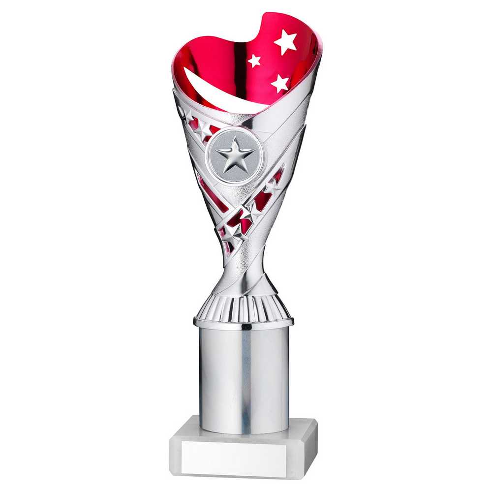 SILVER/PINK PLASTIC 'SABRE' CUP ASSEMBLED ON MARBLE (1in CEN) - 9in - Optimum Teamwear
