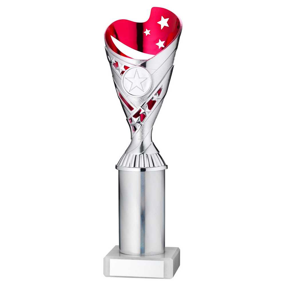 SILVER/PINK PLASTIC 'SABRE' CUP ASSEMBLED ON MARBLE (1in CEN) - 10in - Optimum Teamwear