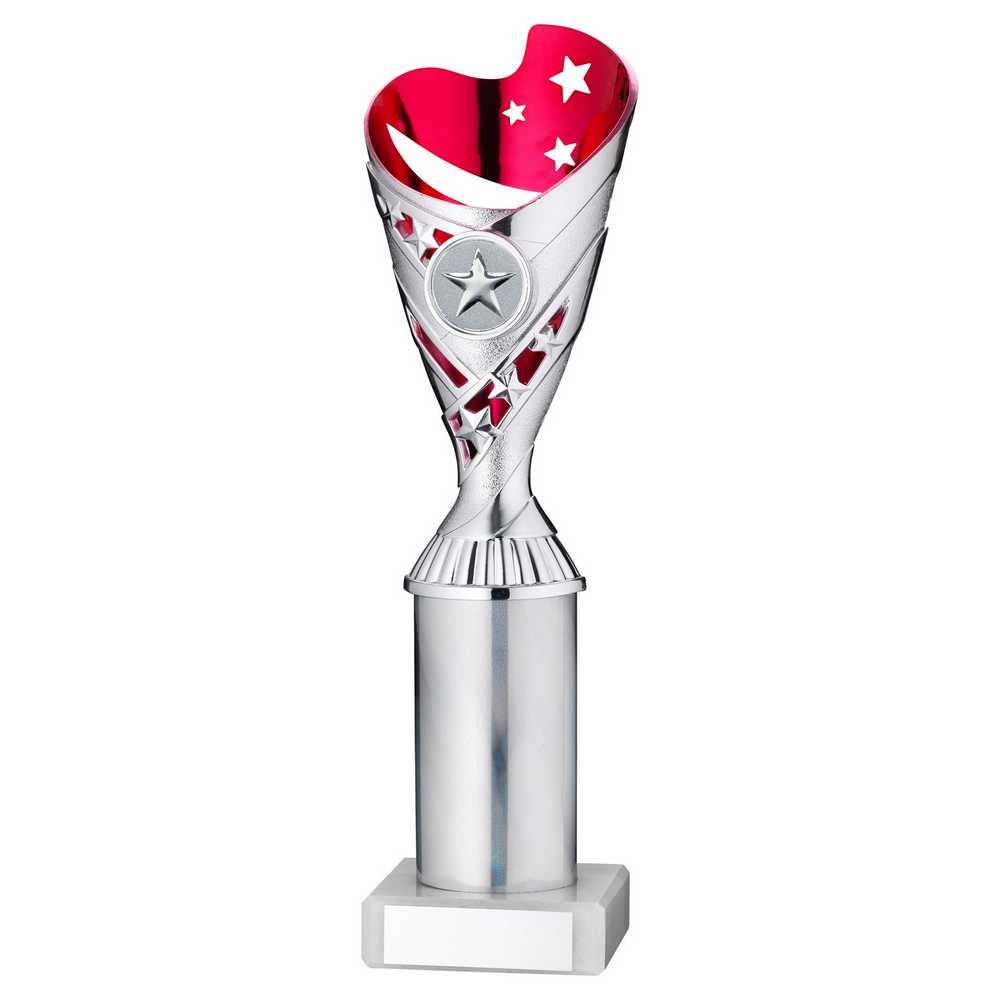 SILVER/PINK PLASTIC 'SABRE' CUP ASSEMBLED ON MARBLE (1in CEN) - 10in - Optimum Teamwear