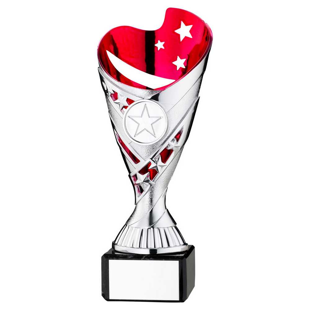 SILVER/PINK PLASTIC 'SABRE' CUP ON BLK MARBLE ASSEMBLED TROPHY (1" CEN) - 7.25in - Optimum Teamwear