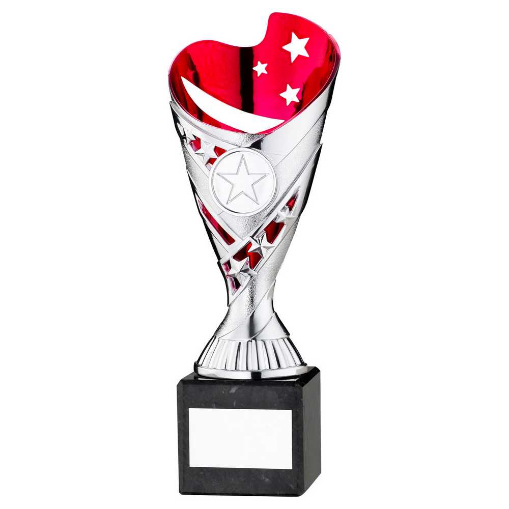 SILVER/PINK PLASTIC 'SABRE' CUP ON BLK MARBLE ASSEMBLED TROPHY (1" CEN) - 8in - Optimum Teamwear