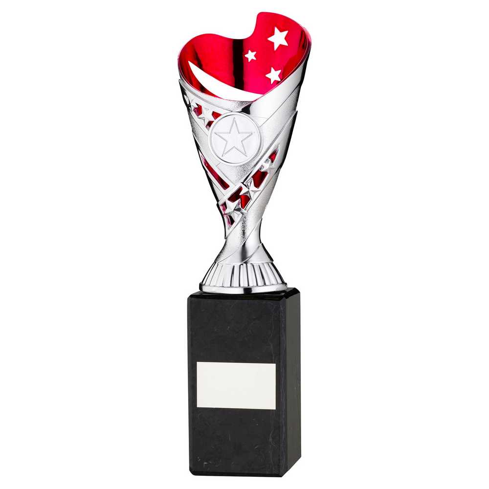 SILVER/PINK PLASTIC 'SABRE' CUP ON BLK MARBLE ASSEMBLED TROPHY (1" CEN) - 10in - Optimum Teamwear
