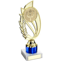 GOLD/BLUE PLASTIC 'LAUREL' HOLDER ASSEMBLED ON MARBLE (2" CEN/1" TUBE) - 8in