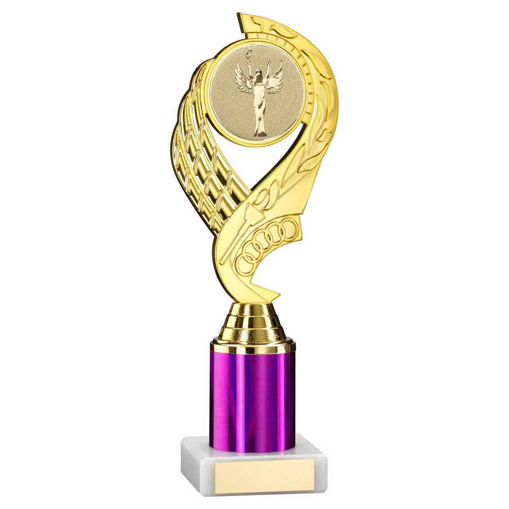 GOLD/PURPLE 'OLYMPIC' HOLDER ASSEMBLED ON MARBLE (2" CEN/2" TUBE) - 9in - Optimum Teamwear