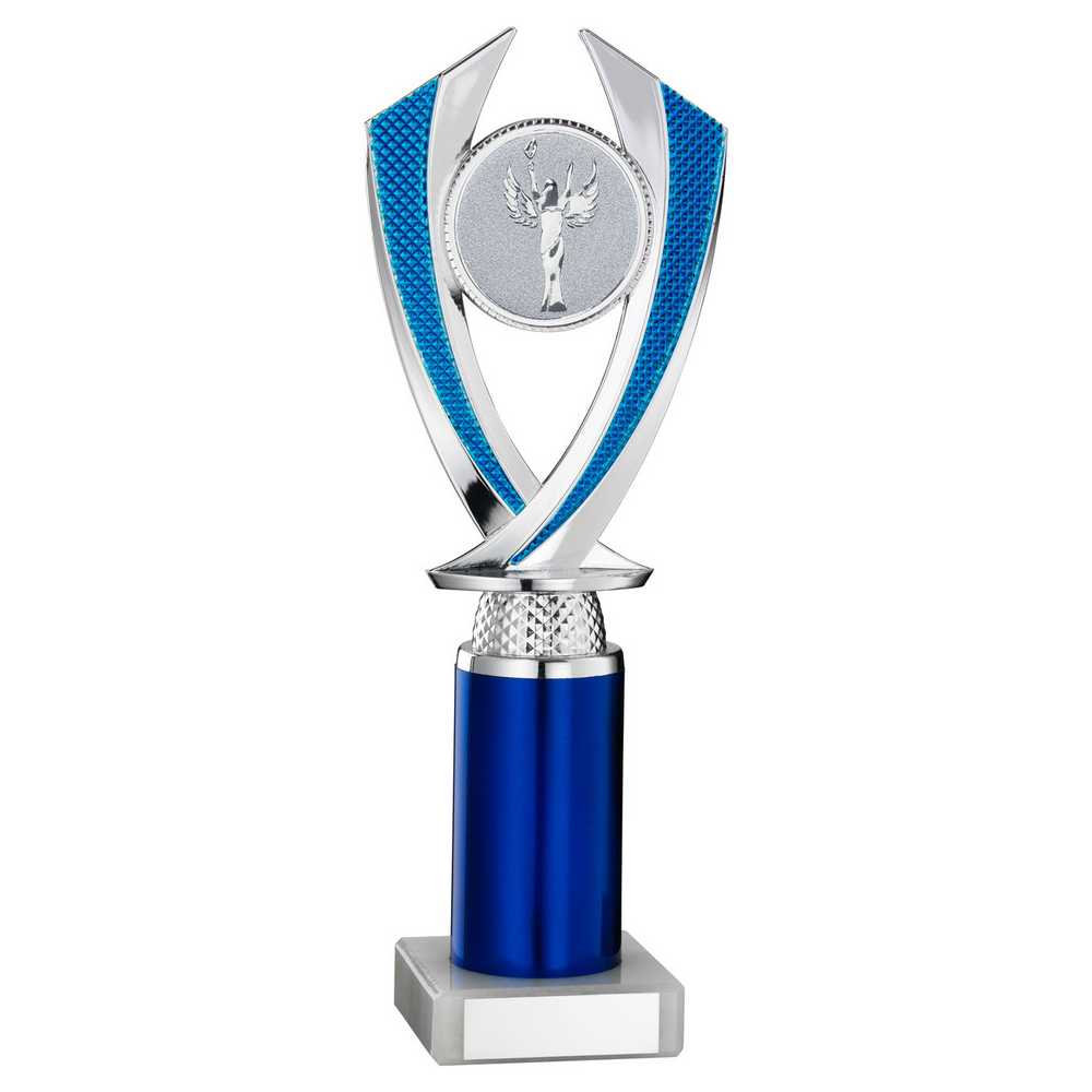 SILVER/BLUE 'DIAMOND' HOLDER ASSEMBLED ON MARBLE (2" CEN/3" TUBE) - 9.75in - Optimum Teamwear