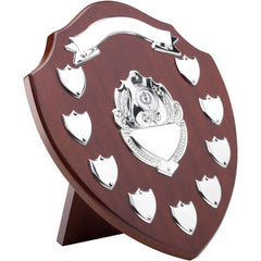 MAHOGANY SHIELD WITH CHROME FRONTS AND 9 RECORD SHIELDS (1in CENTRE) - 12.75in - Optimum Teamwear