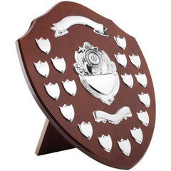 MAHOGANY SHIELD WITH CHROME FRONTS AND 17 RECORD SHIELDS (1in CENTRE) - 16in - Optimum Teamwear