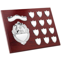MAHOGANY SHIELD WITH CHROME FRONT AND 7 RECORD SHIELDS (1in SHIELD) - 9in - Optimum Teamwear