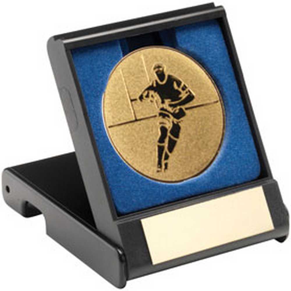 BLACK PLASTIC BOX WITH RUGBY INSERT TROPHY GOLD - 3.5in - Optimum Teamwear