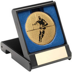 BLACK PLASTIC BOX WITH RUGBY INSERT TROPHY GOLD - 3.5in - Optimum Teamwear