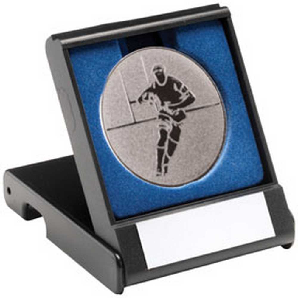 BLACK PLASTIC BOX WITH RUGBY INSERT TROPHY SILVER - 3.5in - Optimum Teamwear