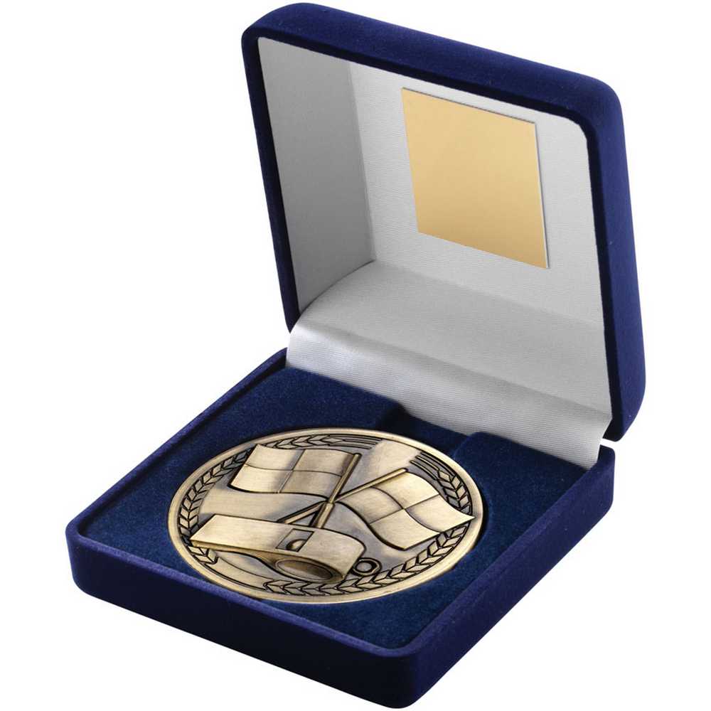 BLUE VELVET BOX AND ANTIQUE GOLD MEDALLION REFEREE TROPHY - 4in - Optimum Teamwear