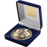 BLUE VELVET BOX AND ANTIQUE GOLD MEDALLION REFEREE TROPHY - 4in - Optimum Teamwear