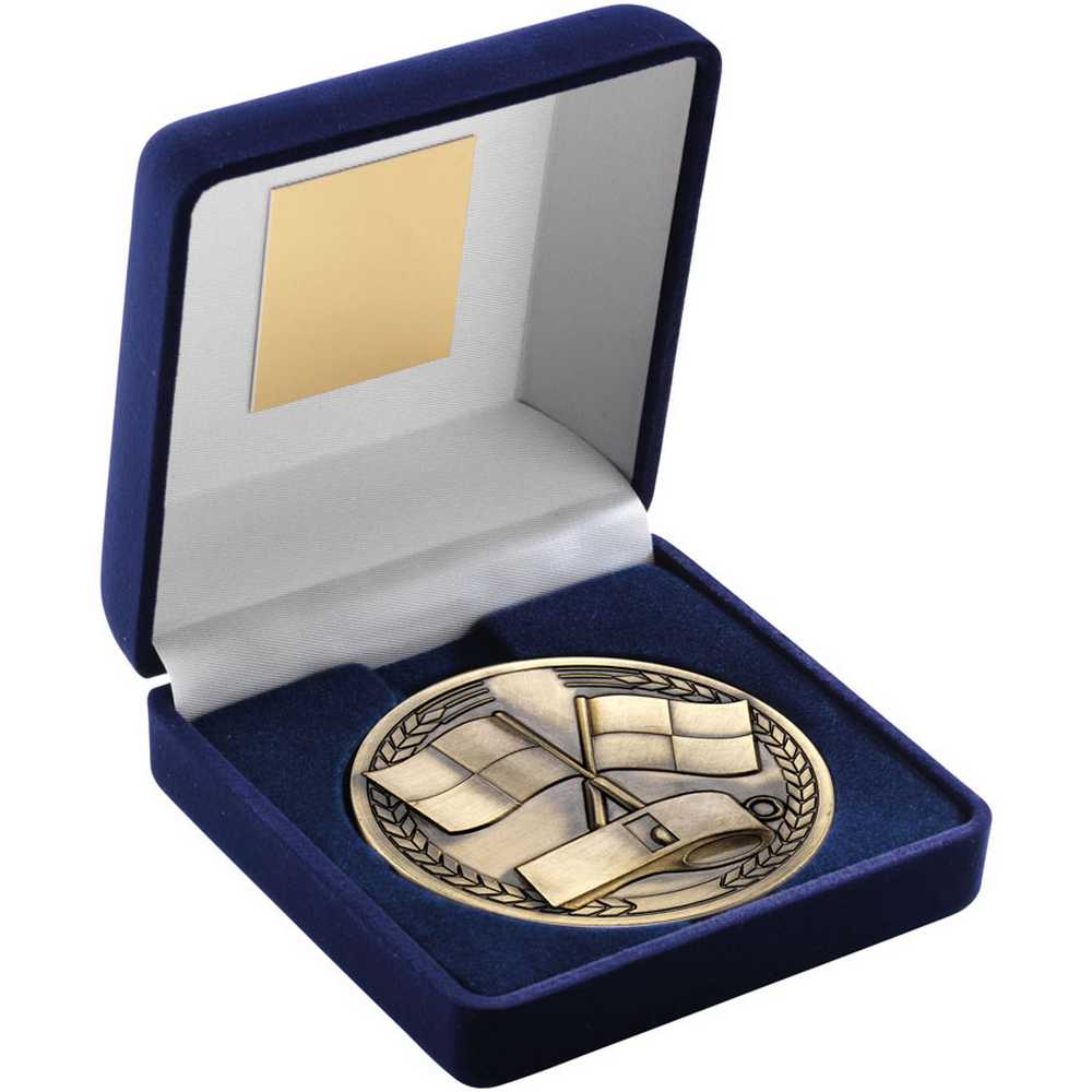 BLUE VELVET BOX AND ANTIQUE GOLD MEDALLION REFEREE TROPHY - 4in - Optimum Teamwear