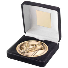 BLACK VELVET BOX AND 70mm MEDALLION RUGBY TROPHY ANTIQUE GOLD - 4in - Optimum Teamwear