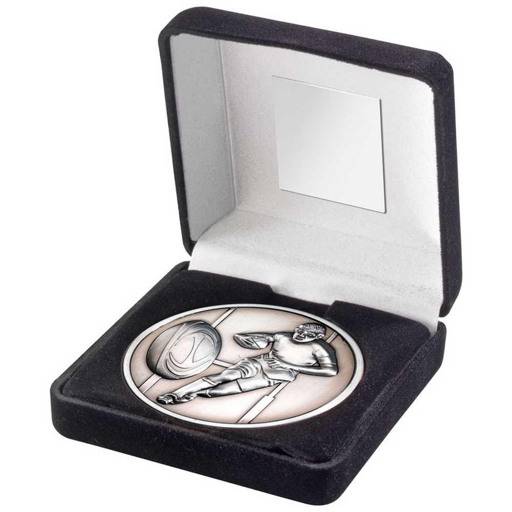 BLACK VELVET BOX AND 70mm MEDALLION RUGBY TROPHY ANTIQUE SILVER - 4in - Optimum Teamwear