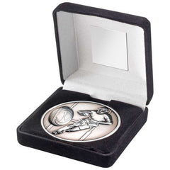 BLACK VELVET BOX AND 70mm MEDALLION RUGBY TROPHY ANTIQUE SILVER - 4in - Optimum Teamwear