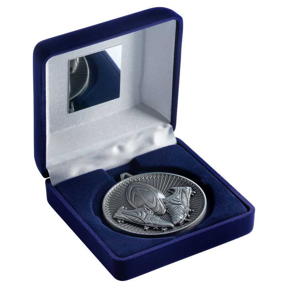 BLUE VELVET BOX AND 60mm MEDAL RUGBY TROPHY ANTIQUE SILVER - 4in - Optimum Teamwear