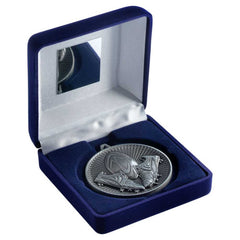BLUE VELVET BOX AND 60mm MEDAL RUGBY TROPHY ANTIQUE SILVER - 4in - Optimum Teamwear