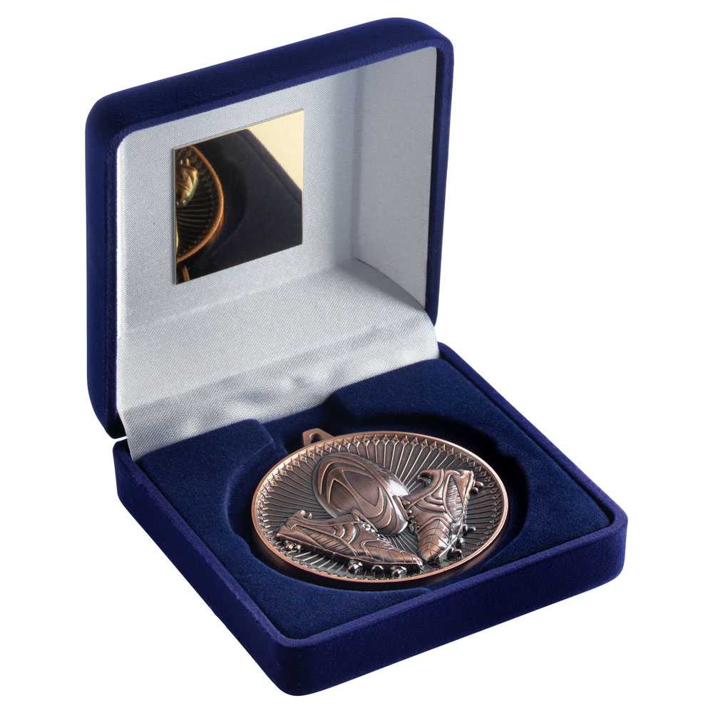 BLUE VELVET BOX AND 60mm MEDAL RUGBY TROPHY BRONZE - 4in - Optimum Teamwear