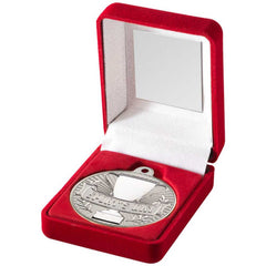 RED VELVET BOX AND 50mm SPORTS DAY MEDAL TROPHY MATT SILVER/SILVER - 3.5in