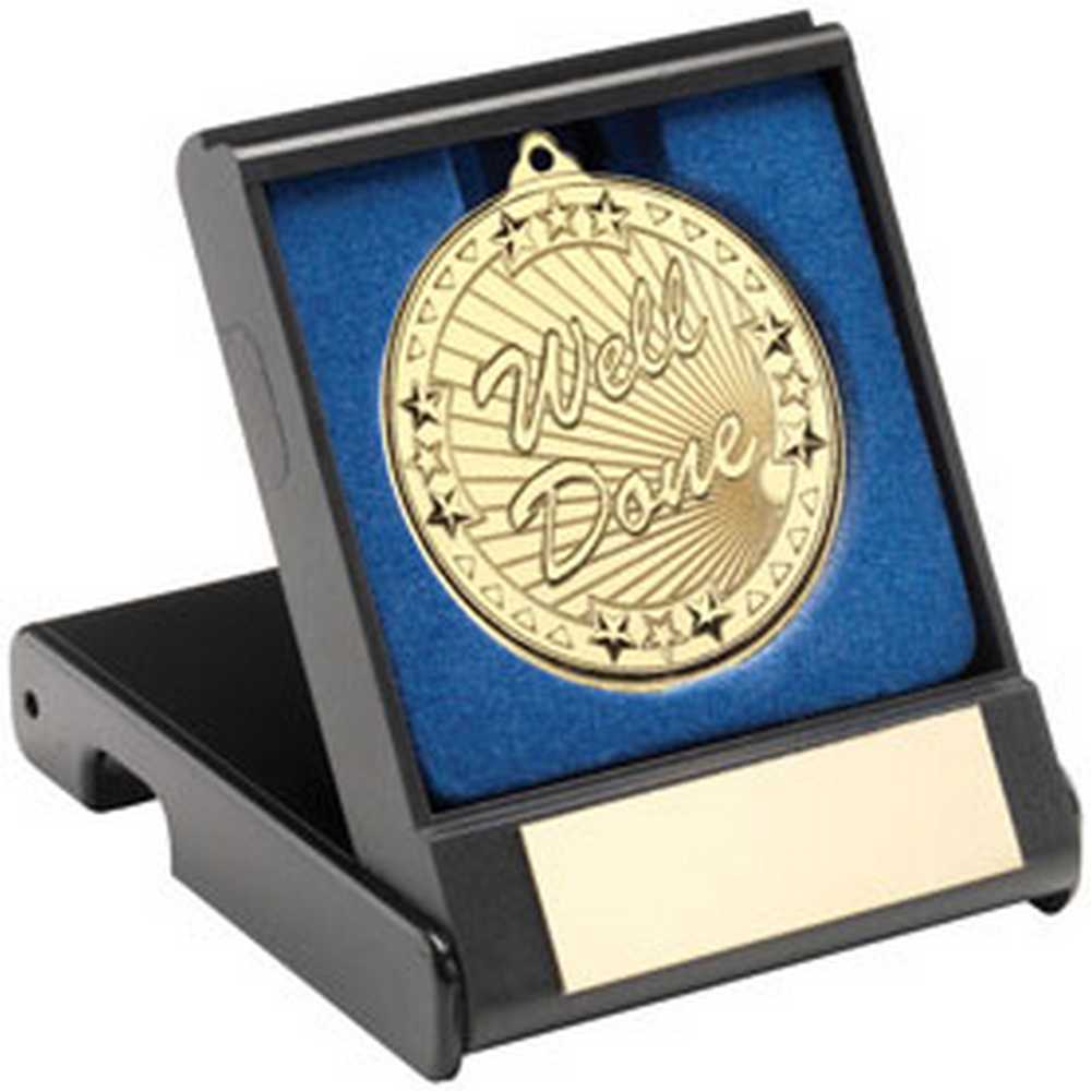 BLACK PLASTIC BOX WITH 50mm GOLD WELL DONE MEDAL TROPHY - 3.5in - Optimum Teamwear
