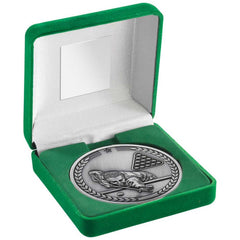 GREEN VELVET BOX AND 70mm MEDALLION POOL/SNOOKER TROPHY ANTIQUE SILVER - 4in - Optimum Teamwear