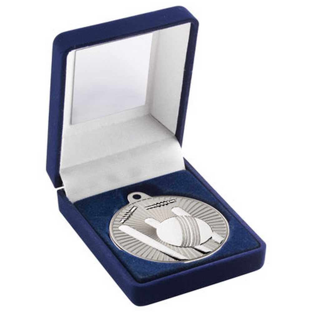 BLUE VELVET BOX AND 50mm CRICKET MEDAL TROPHY MATT SILVER/SILVER - 3.5in - Optimum Teamwear