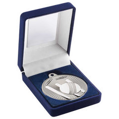 BLUE VELVET BOX AND 50mm CRICKET MEDAL TROPHY MATT SILVER/SILVER - 3.5in - Optimum Teamwear