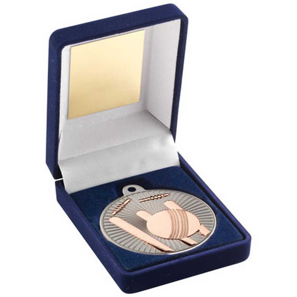 BLUE VELVET BOX AND 50mm CRICKET MEDAL TROPHY MATT SILVER/BRONZE - 3.5in - Optimum Teamwear
