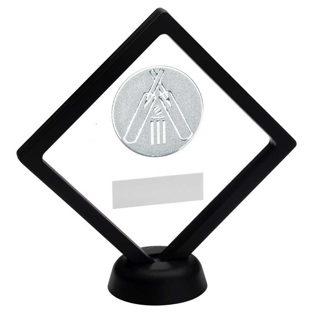 BLACK/CLEAR PLASTIC BOX WITH CRICKET INSERT TROPHY SILVER - 6in - Optimum Teamwear
